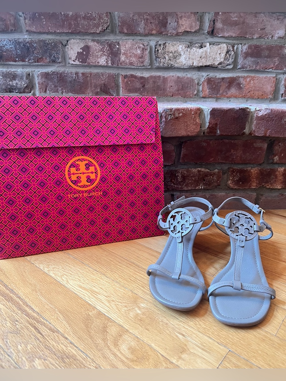 Tory Burch Dust Storm Taupe Gray Tumbled Leather Mini Miller 60MM Wedge Sandals